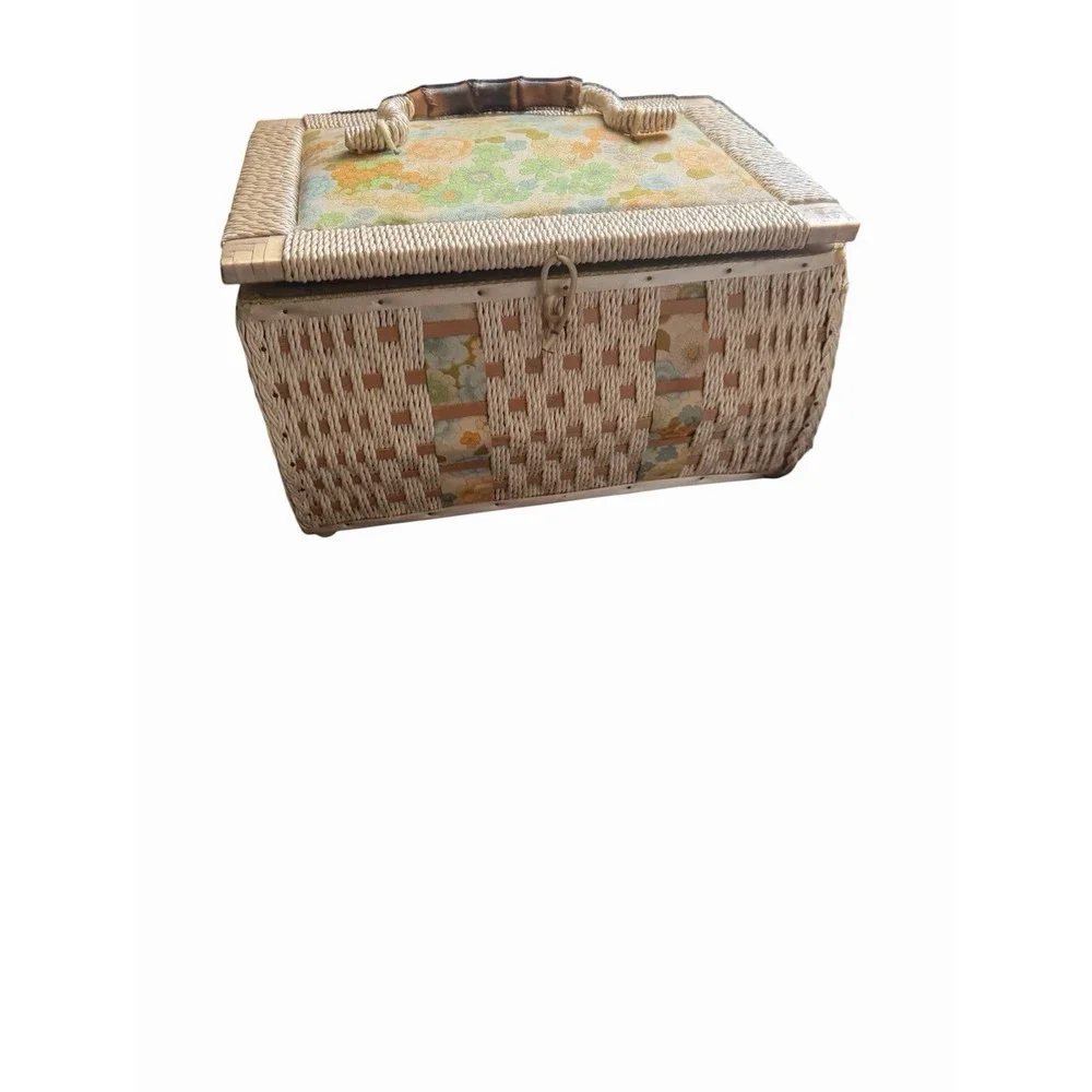 VTG JC Penney Wicker Sewing Basket Padded Embroidered Flower Lid. Full Of  Stuff